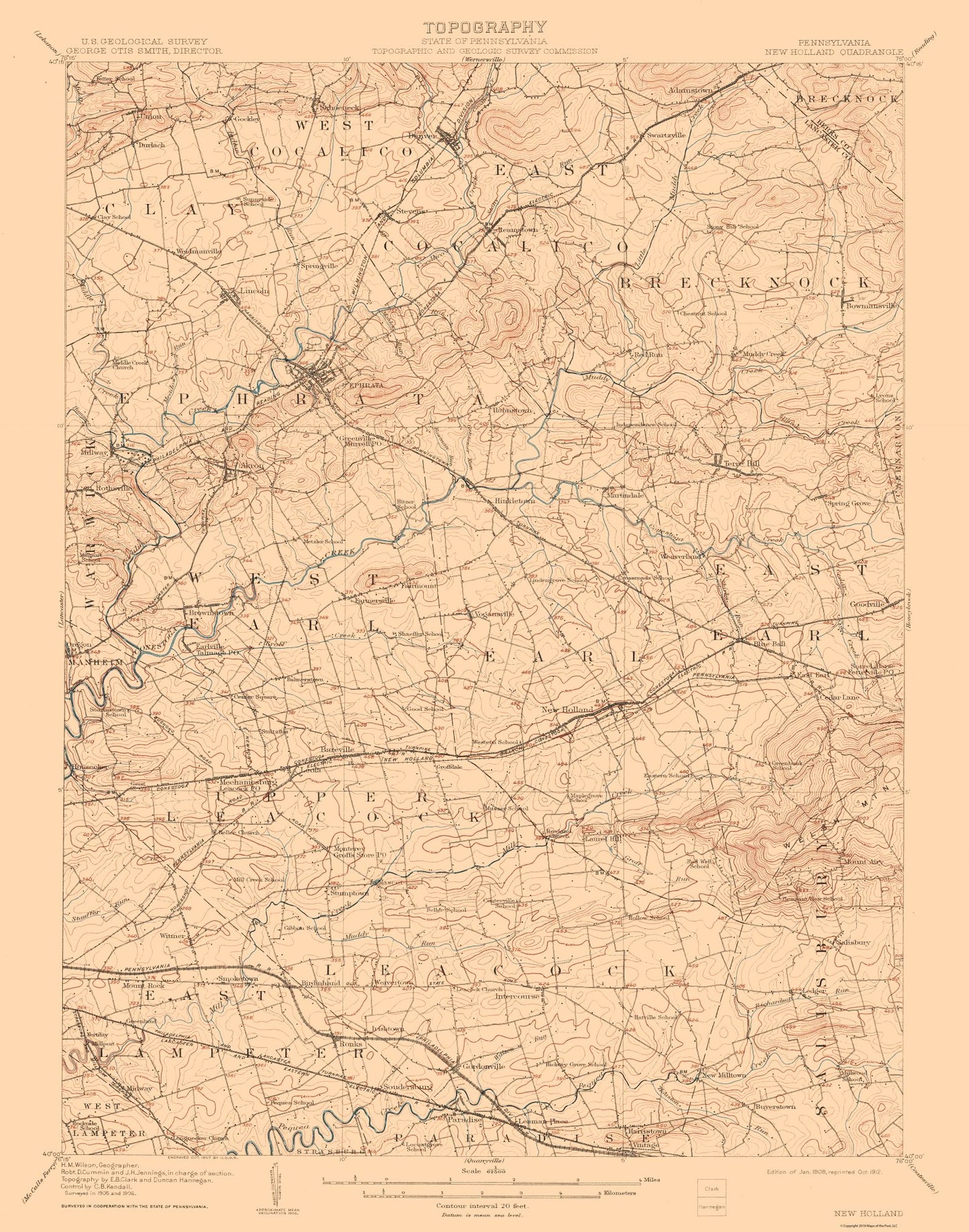 Topographical Map - New Holland Pennsylvania Quad - USGS 1908 - 23 x 29.25 - Vintage Wall Art