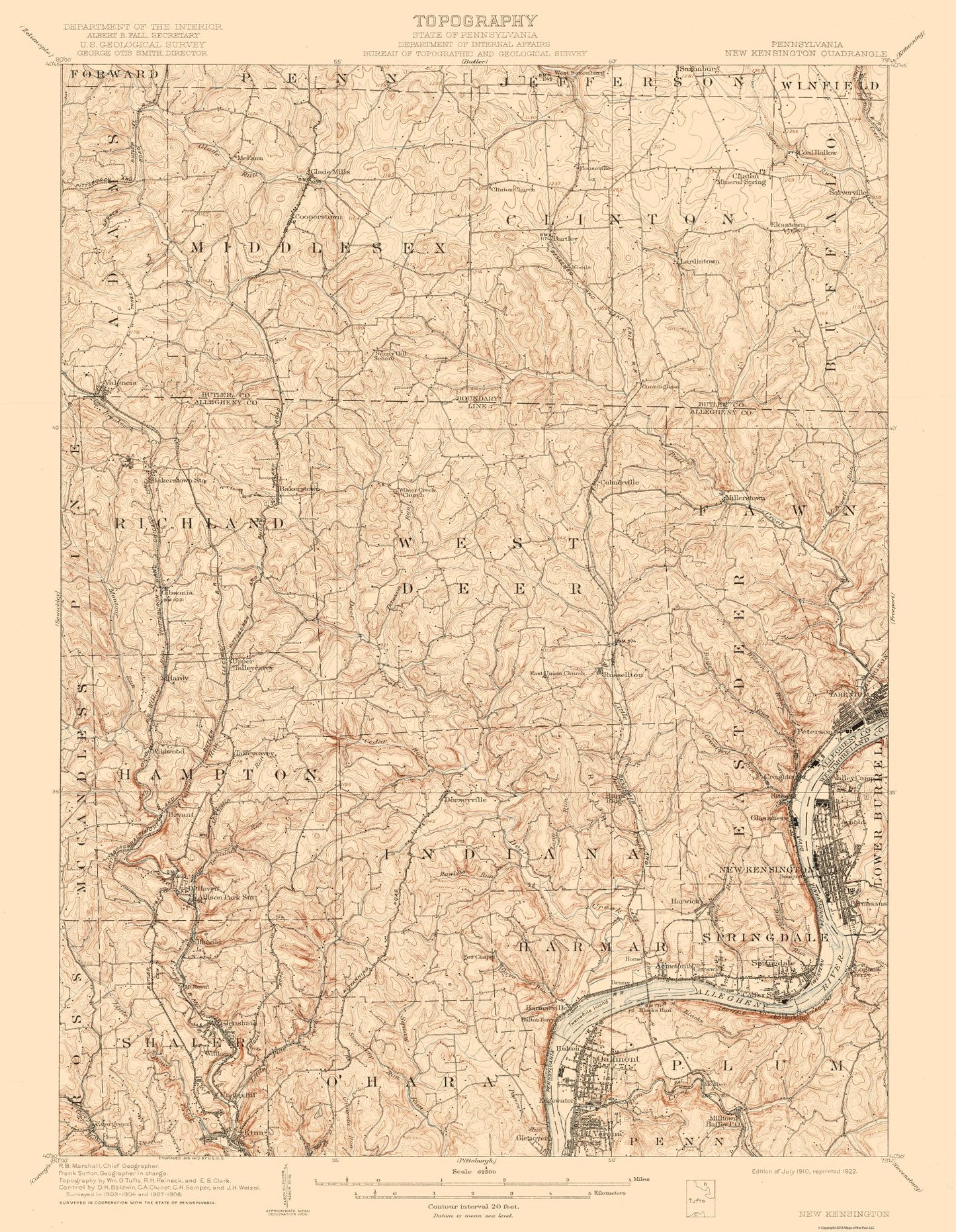 Topographical Map - New Kensington Pennsylvania Quad - USGS 1910 - 23 x 29.62 - Vintage Wall Art