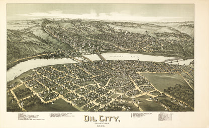 Historic Panoramic View - Oil City Pennsylvania - Fowler 1896 - 37.54 x 23 - Vintage Wall Art