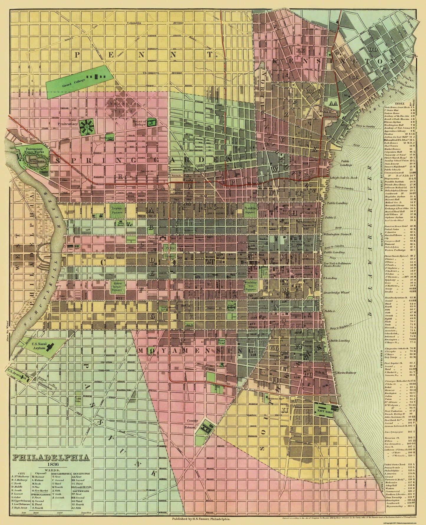 Historic City Map - Philadelphia Pennsylvania - Tanner 1836 - 23 x 28.31 - Vintage Wall Art