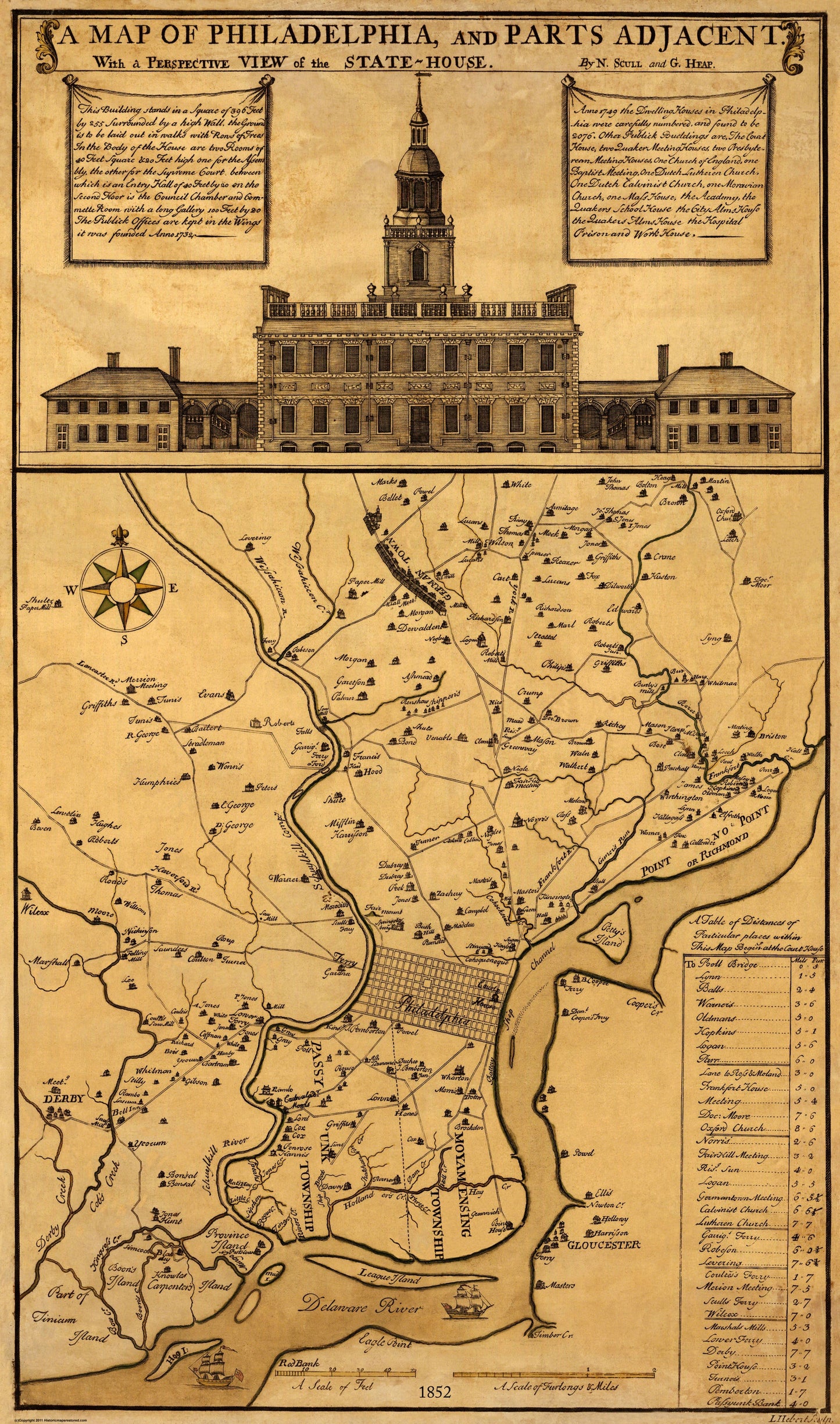 Historic City Map - Philadelphia Pennsylvania - Scull 1852 - 23 x 39 - Vintage Wall Art