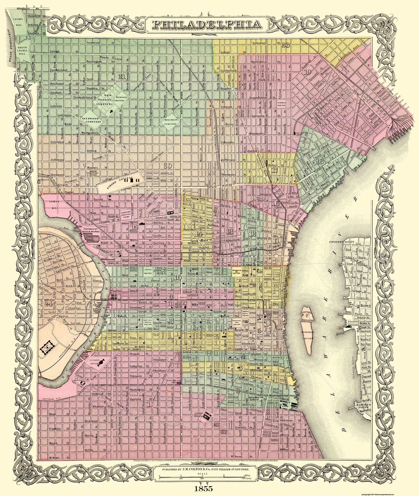 Historic City Map - Philadelphia Pennsylvania - Colton 1855 - 23 x 27.19 - Vintage Wall Art