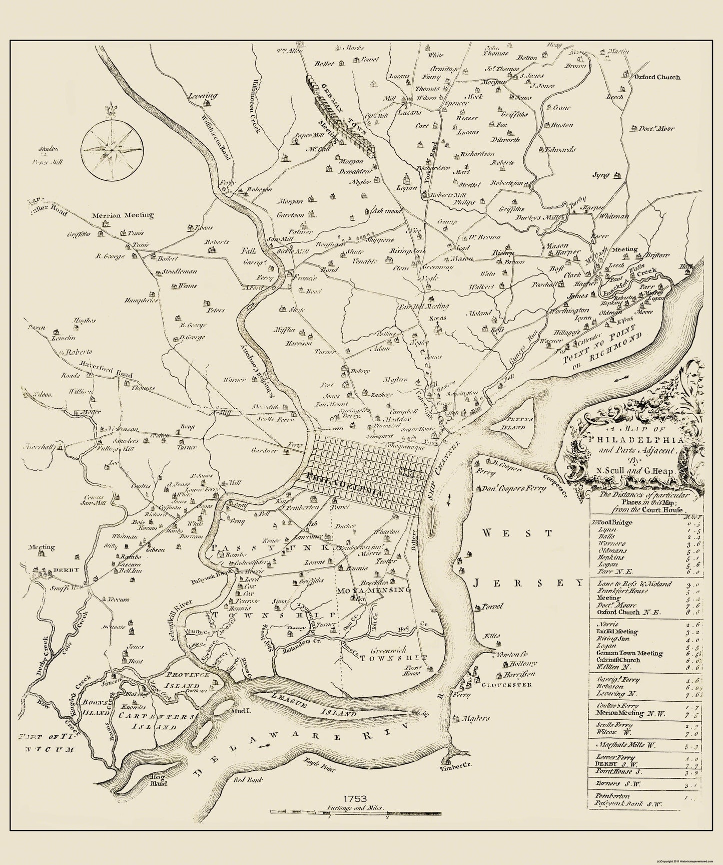 Historic City Map - Philadelphia Pennsylvania - Scull 1753 - 23 x 27.5 - Vintage Wall Art