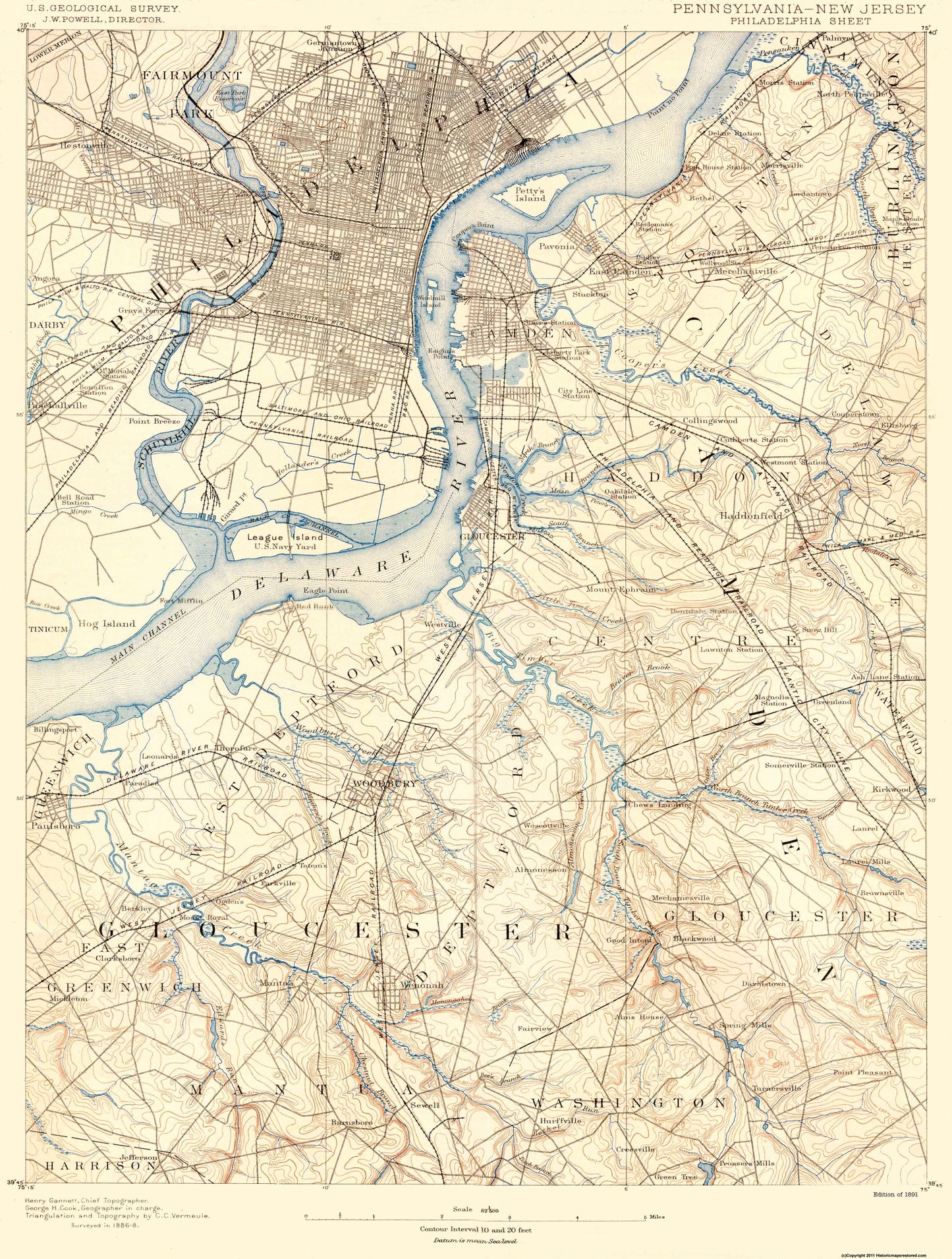 Topographical Map - Philadelphia Pennsylvania New Jersey Quad - USGS 1891 - 23 x 30.41 - Vintage Wall Art