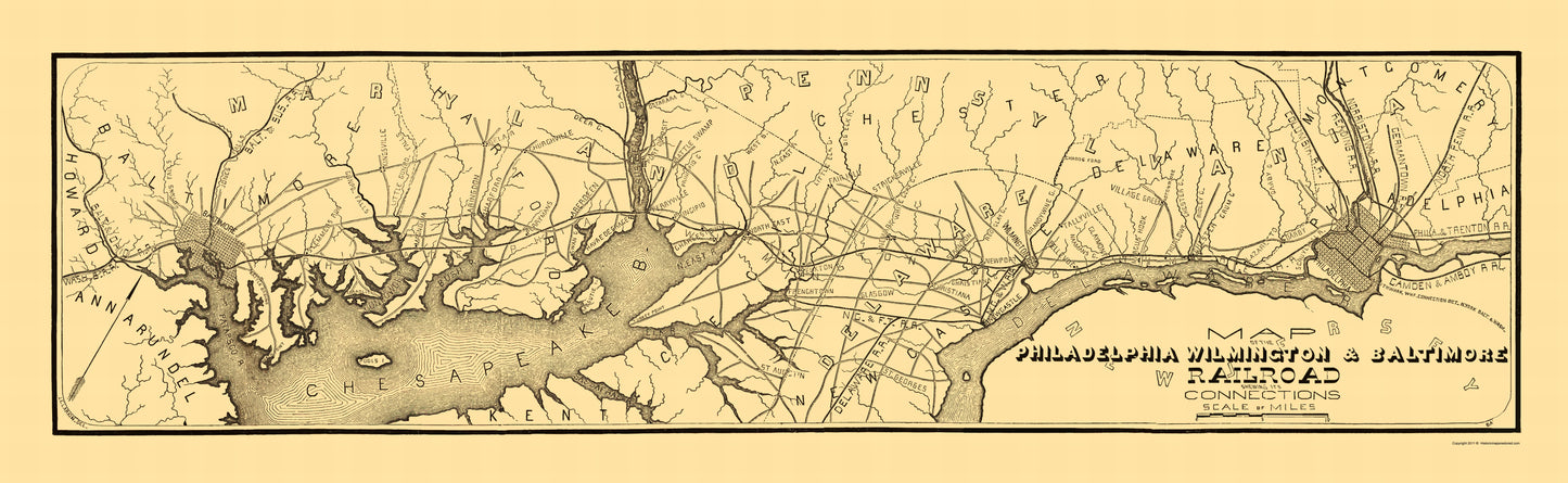 Railroad Map - Philadelphia Wilmington Baltimore Railroad 1850 - 23 x 74 - Vintage Wall Art