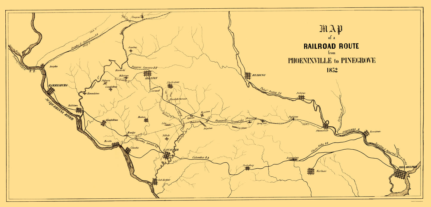 Railroad Map - Phoenixville to Pinegrove Railroad Route - 1852 - 23 x 47.78 - Vintage Wall Art