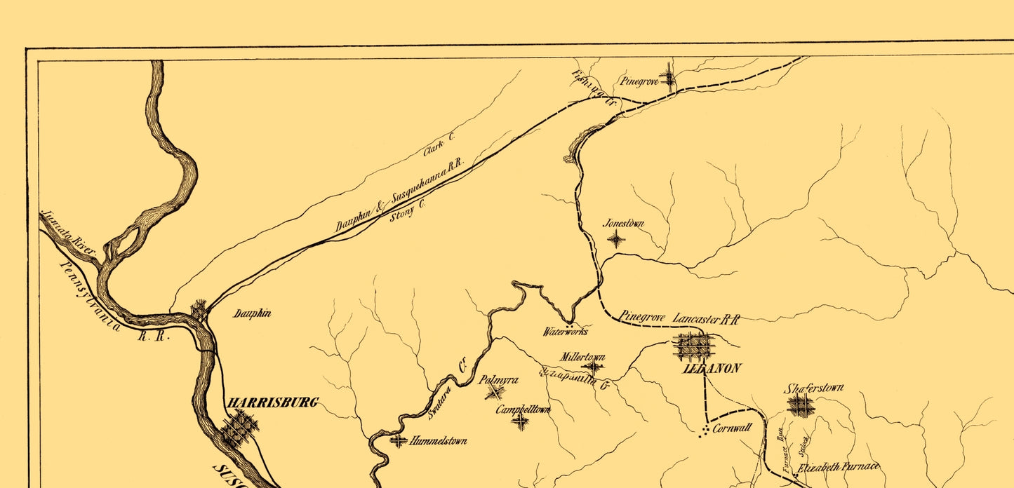 Railroad Map - Phoenixville to Pinegrove Railroad Route - 1852 - 23 x 47.78 - Vintage Wall Art