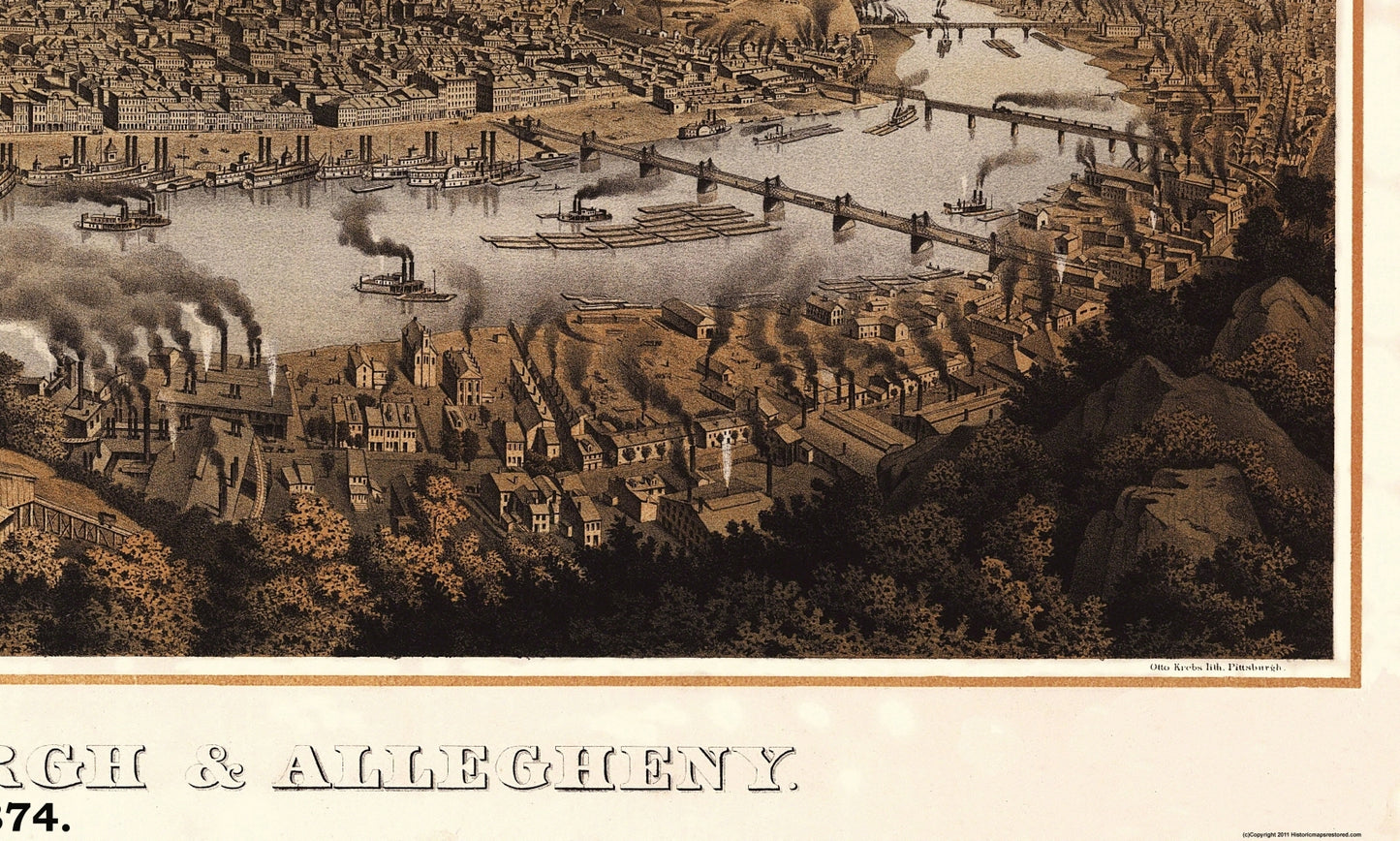 Historic Panoramic View - Pittsburgh Pennsylvania - Krebs 1874 - 38.31 x 23 - Vintage Wall Art