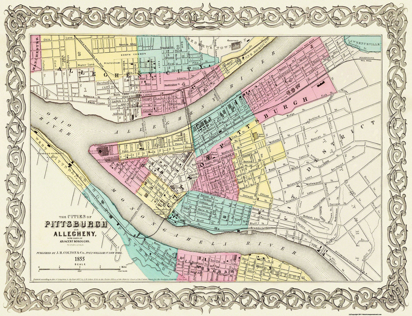 Historic City Map - Pittsburg Pennsylvania - Colton 1855 - 30 x 23 - Vintage Wall Art