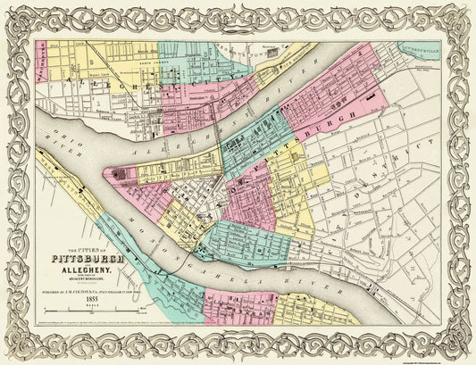 Historic City Map - Pittsburg Pennsylvania - Colton 1855 - 30 x 23 - Vintage Wall Art