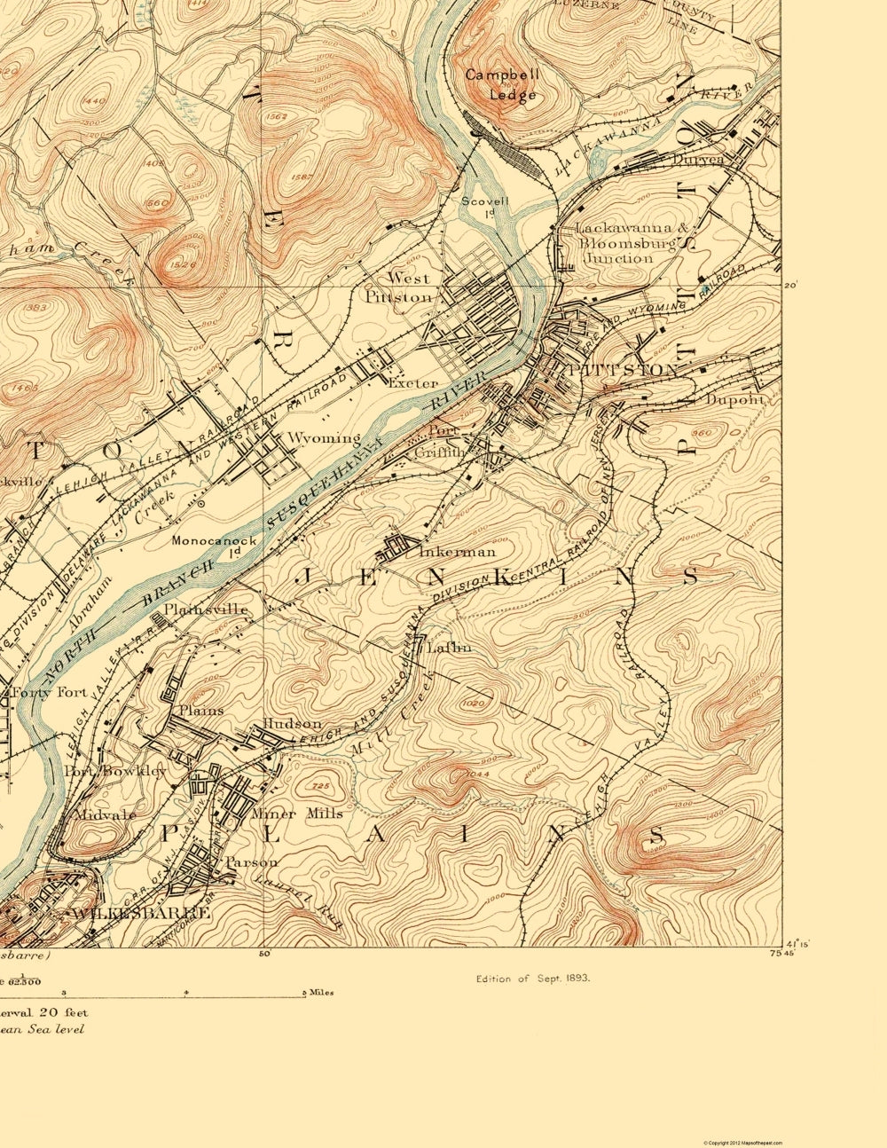 Topographical Map - Pittston Pennsylvania Sheet - USGS 1893 - 23 x 29.76 - Vintage Wall Art