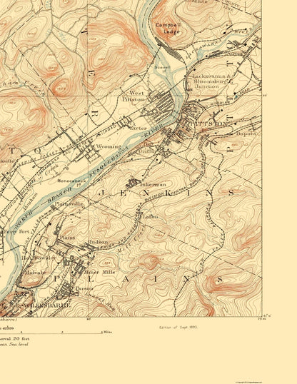 Topographical Map - Pittston Pennsylvania Sheet - USGS 1893 - 23 x 29.76 - Vintage Wall Art