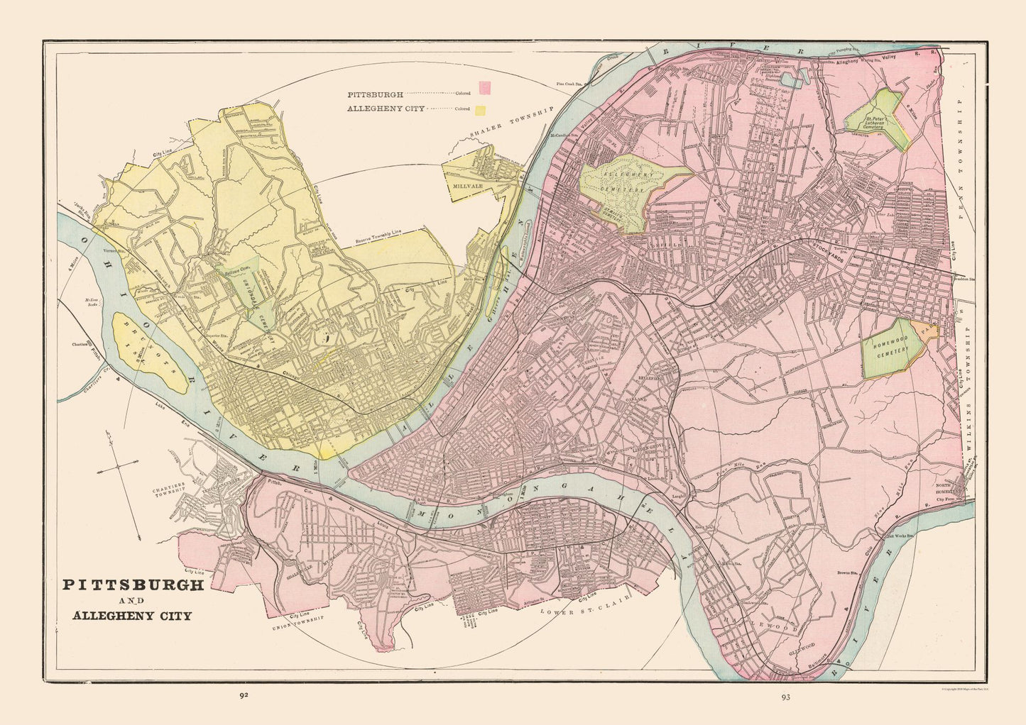 Historic City Map - Pittsburgh Allegheny Pennsylvania - Cram 1892 - 32.53 x 23 - Vintage Wall Art