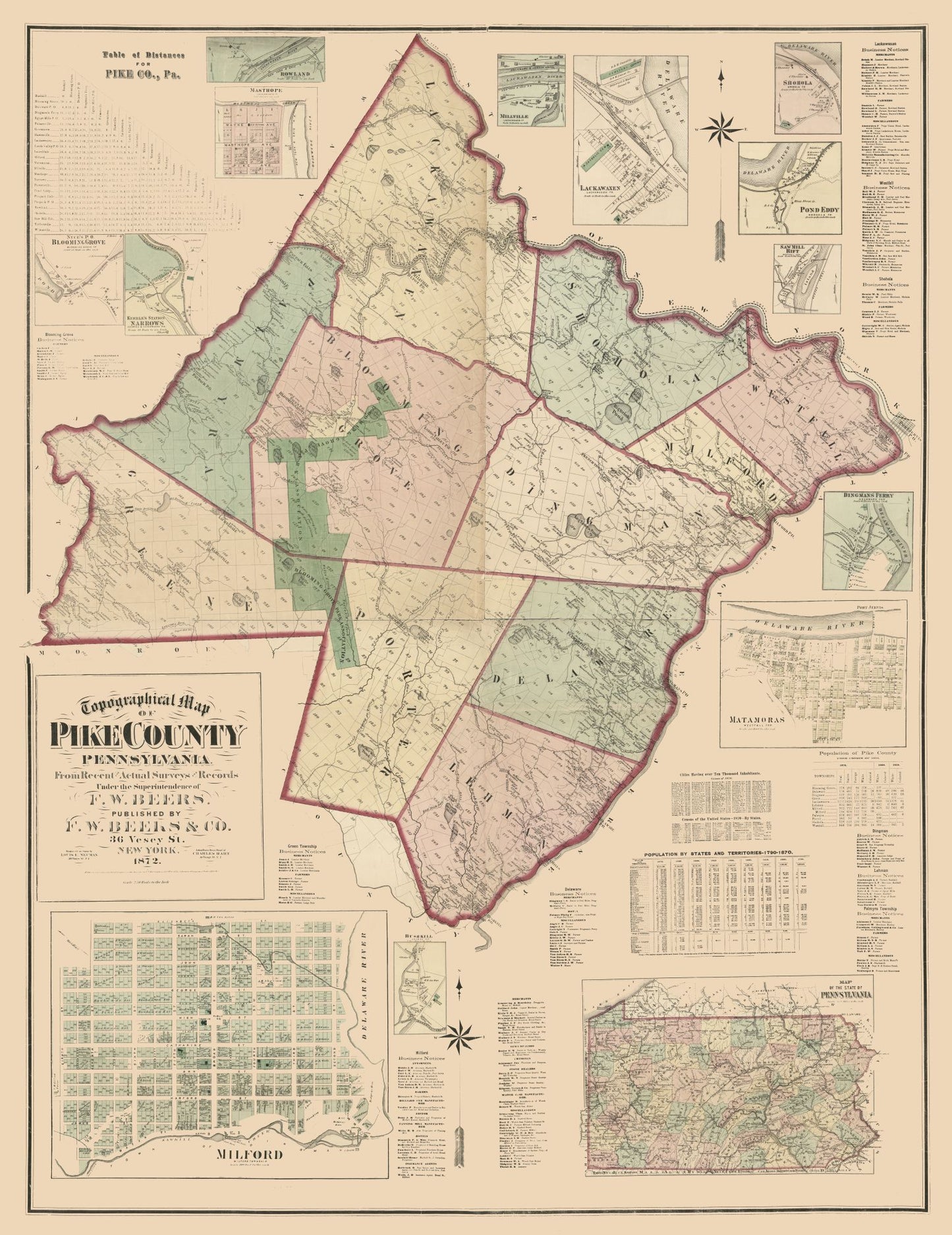 Historic County Map - Pike County Pennsylvania - Beers 1872 - 23 x 29.82 - Vintage Wall Art