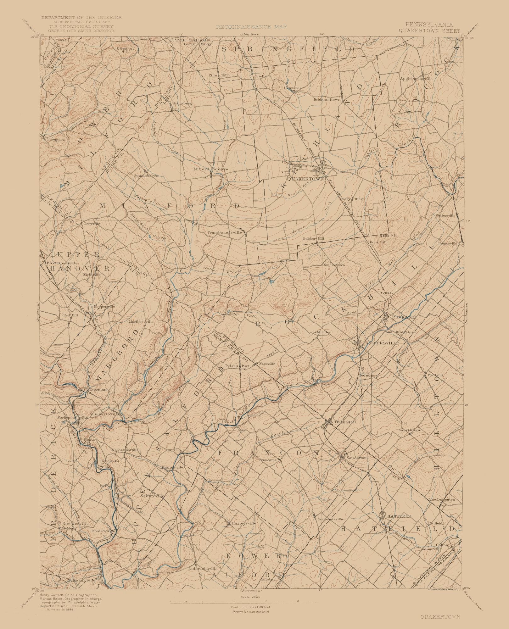 Topographical Map - Pennsylvania Quakertown Sheet - USGS 1888 - 23 x 2 ...