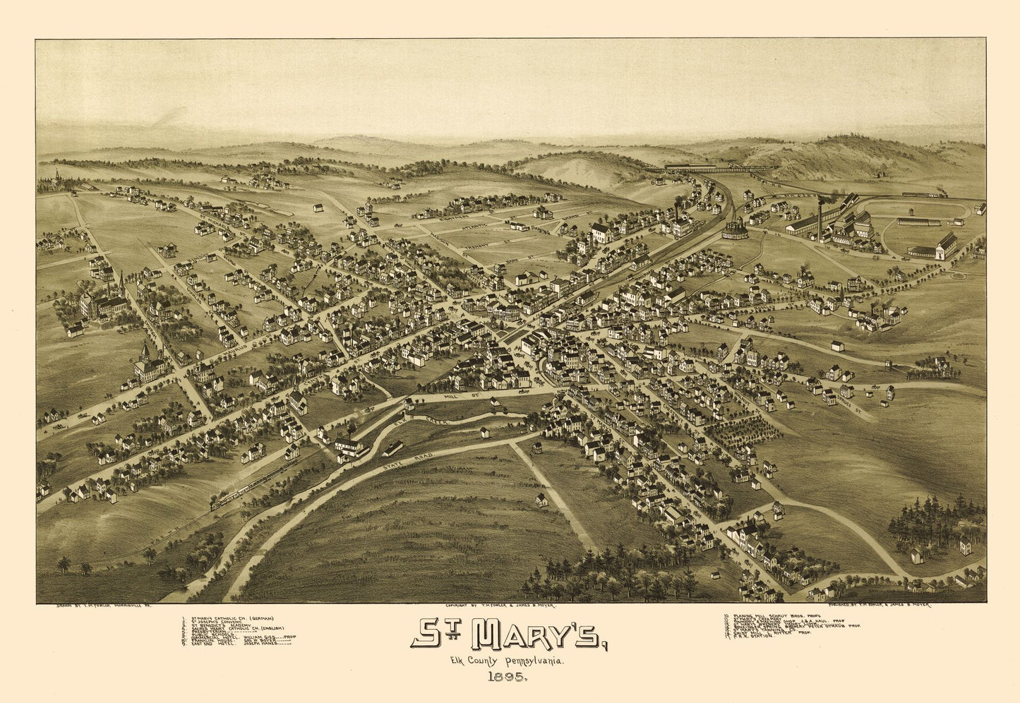 Historic Panoramic View - Saint Marys Pennsylvania - Fowler 1895 - 33.37 x 23 - Vintage Wall Art