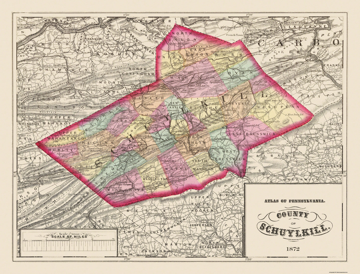 Historic County Map - Schuylkill County Pennsylvania - Walling 1872 - 30.19 x 23 - Vintage Wall Art