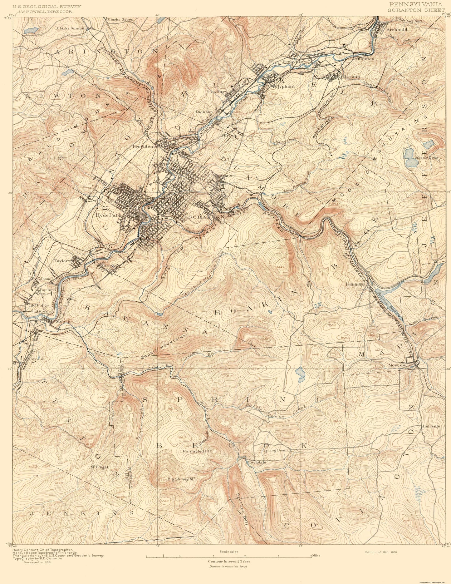 Topographical Map - Scranton Pennsylvania Sheet - USGS 1891 - 23 x 29.76 - Vintage Wall Art