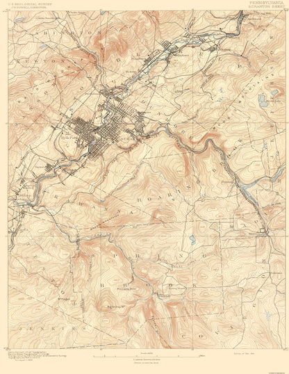 Topographical Map - Scranton Pennsylvania Sheet - USGS 1891 - 23 x 29.76 - Vintage Wall Art