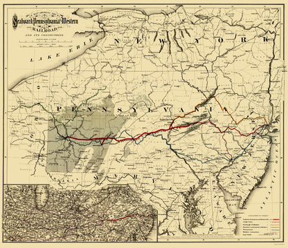 Railroad Map - Seaboard Pennsylvania and Western Railroad - Colton 1884 - 23 x 26 - Vintage Wall Art