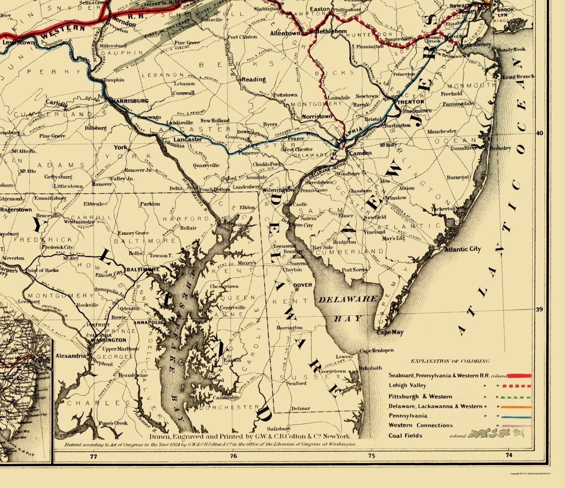 Railroad Map - Seaboard Pennsylvania and Western Railroad - Colton 1884 - 23 x 26 - Vintage Wall Art