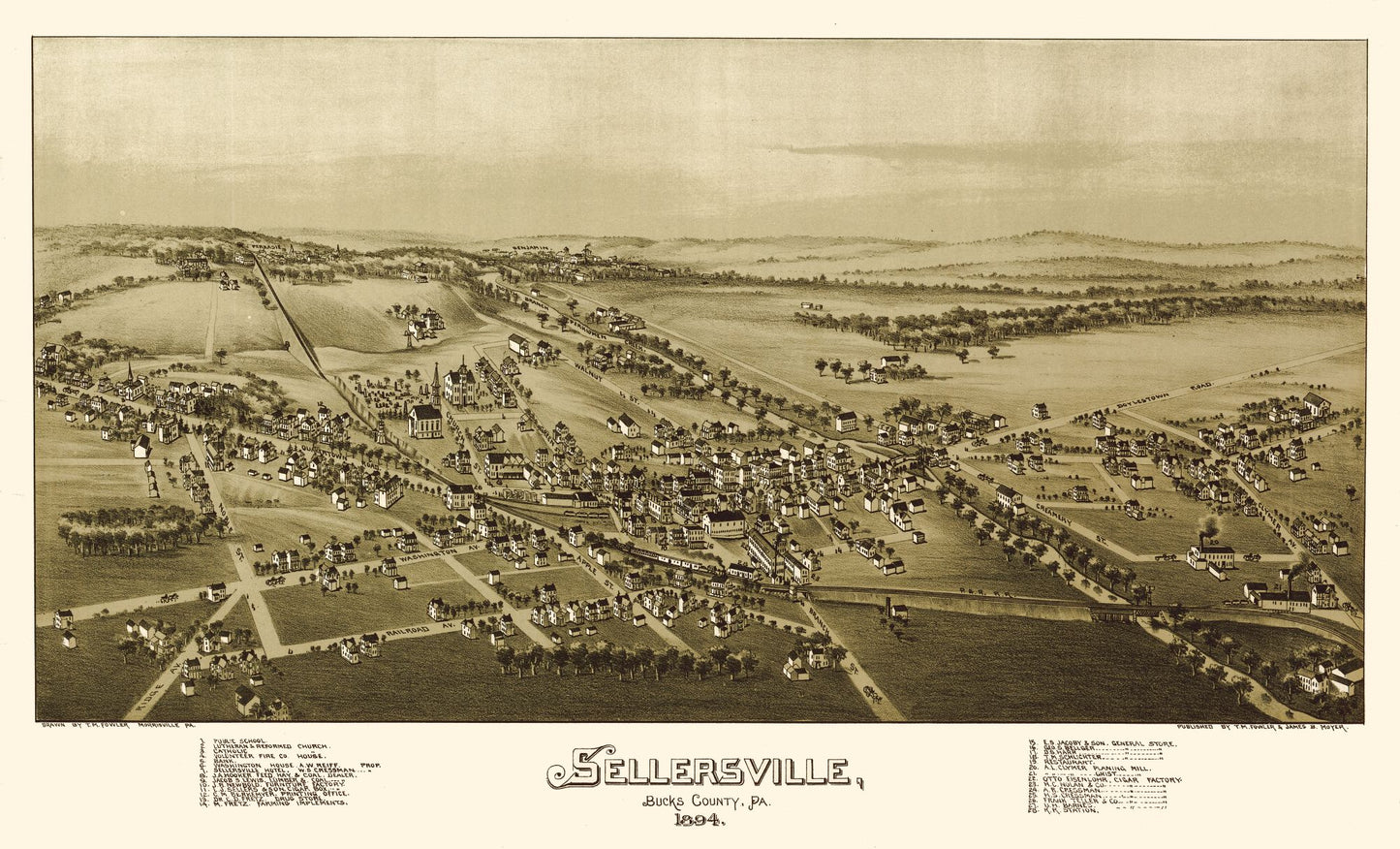 Historic Panoramic View - Sellersville Pennsylvania - Fowler 1894 - 37.97 x 23 - Vintage Wall Art