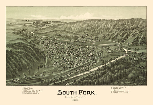 Historic Panoramic View - South Fork Pennsylvania - Fowler 1900 - 33.49 x 23 - Vintage Wall Art