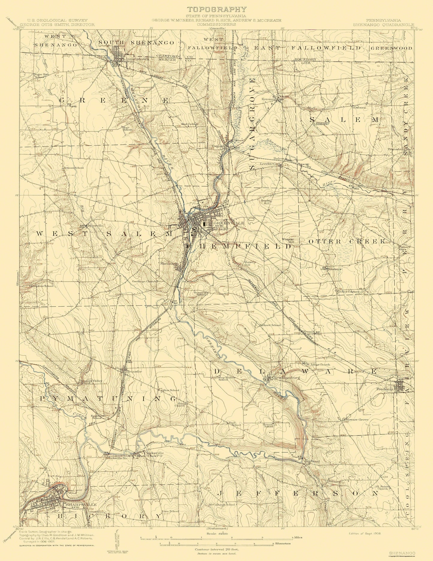 Topographical Map - Shenango Pennsylvania Quad - USGS 1908 - 23 x 29.77 - Vintage Wall Art