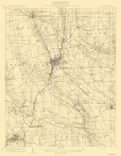 Topographical Map - Shenango Pennsylvania Quad - USGS 1908 - 23 x 29.77 - Vintage Wall Art