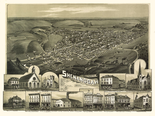 Historic Panoramic View - Shenandoah Pennsylvania - Fowler 1889 - 30.75 x 23 - Vintage Wall Art