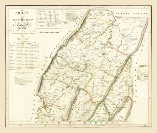 Historic County Map - Somerset County Pennsylvania - Wells 1830 - 27.15 x 23 - Vintage Wall Art