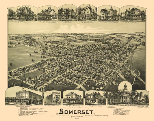 Historic Panoramic View - Somerset Pennsylvania - Fowler 1900 - 29.28 x 23 - Vintage Wall Art