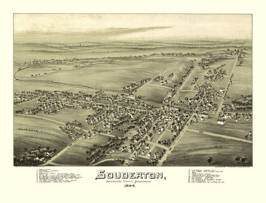 Historic Panoramic View - Souderton Pennsylvania - Fowler 1894 - 30.16 x 23 - Vintage Wall Art