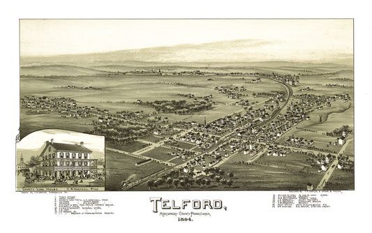 Historic Panoramic View - Telford Pennsylvania - Fowler 1894 - 36.64 x 23 - Vintage Wall Art
