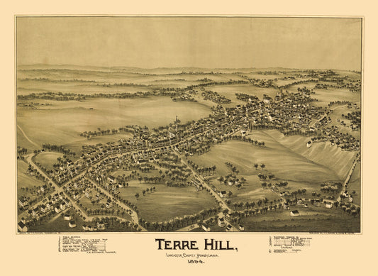 Historic Panoramic View - Terre Hill Pennsylvania - Fowler 1894 - 31.48 x 23 - Vintage Wall Art