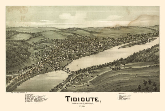 Historic Panoramic View - Tidioute Pennsylvania - Fowler 1896 - 34.11 x 23 - Vintage Wall Art