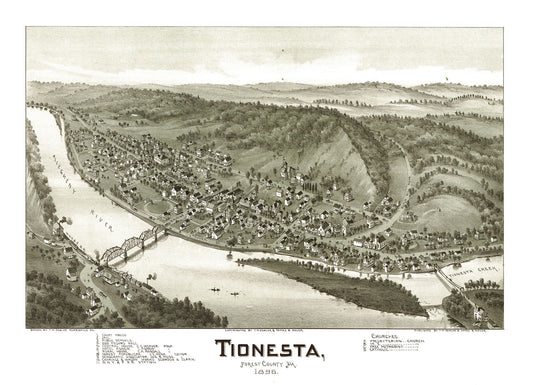 Historic Panoramic View - Tionesta Pennsylvania - Fowler 1896 - 31.84 x 23 - Vintage Wall Art