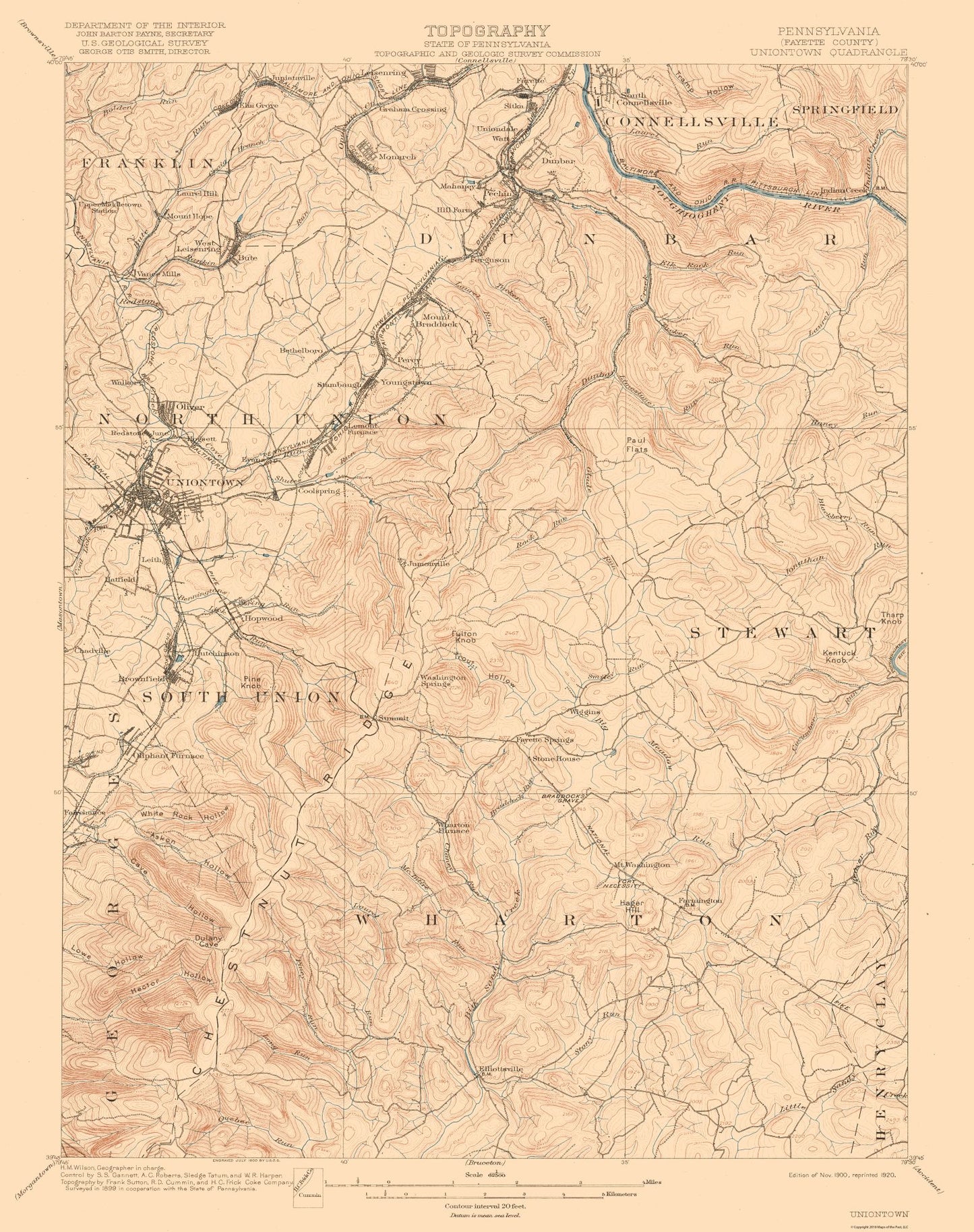 Topographical Map - Uniontown Pennsylvania Quad - USGS 1900 - 23 x 29.09 - Vintage Wall Art