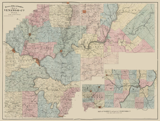 Historic County Map - Venango County Pennsylvania - Beers 1865 - 30.40 x 23 - Vintage Wall Art