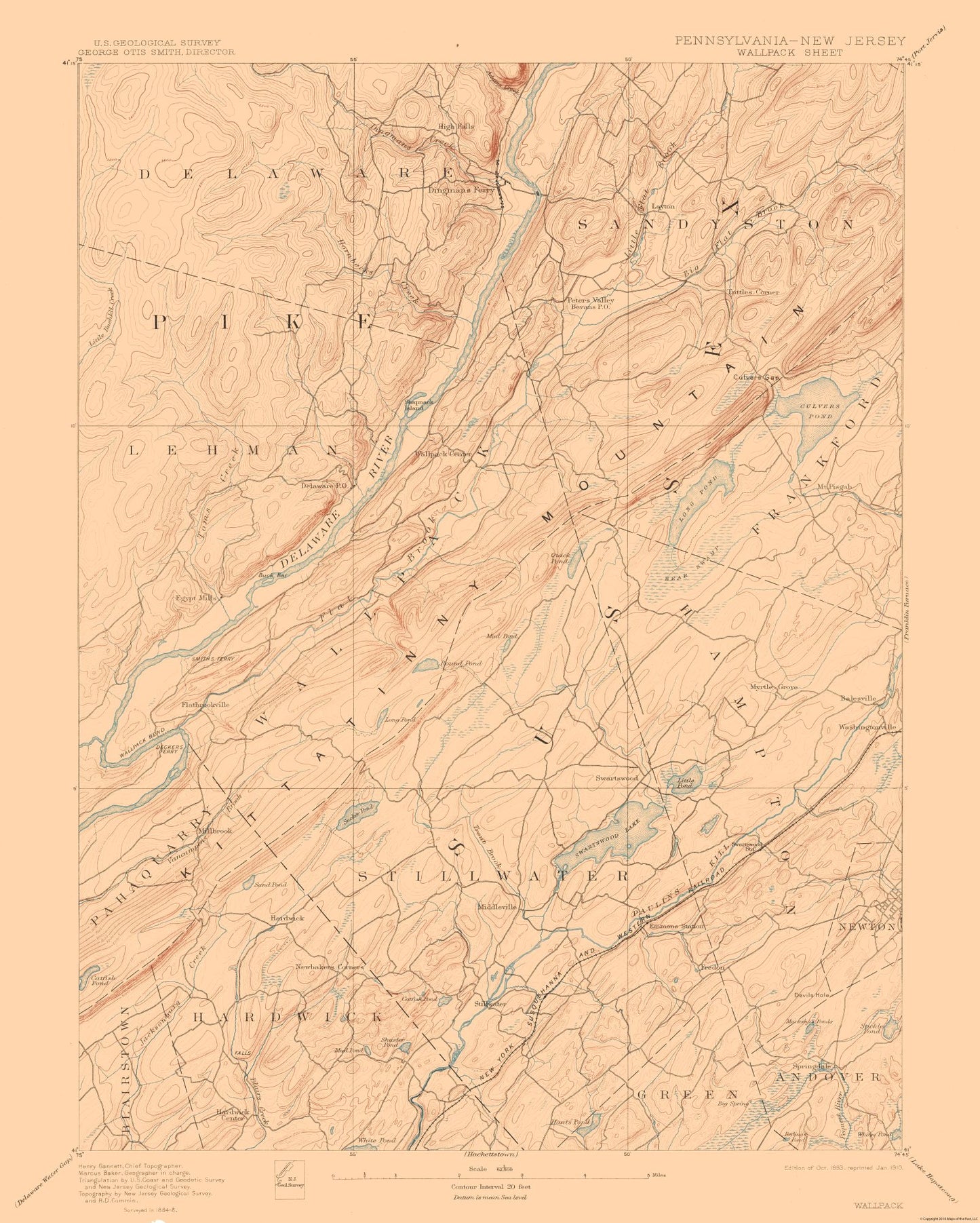 Topographical Map - Pennsylvania Wallpack Sheet - USGS 1893 - 23 x 28.70 - Vintage Wall Art