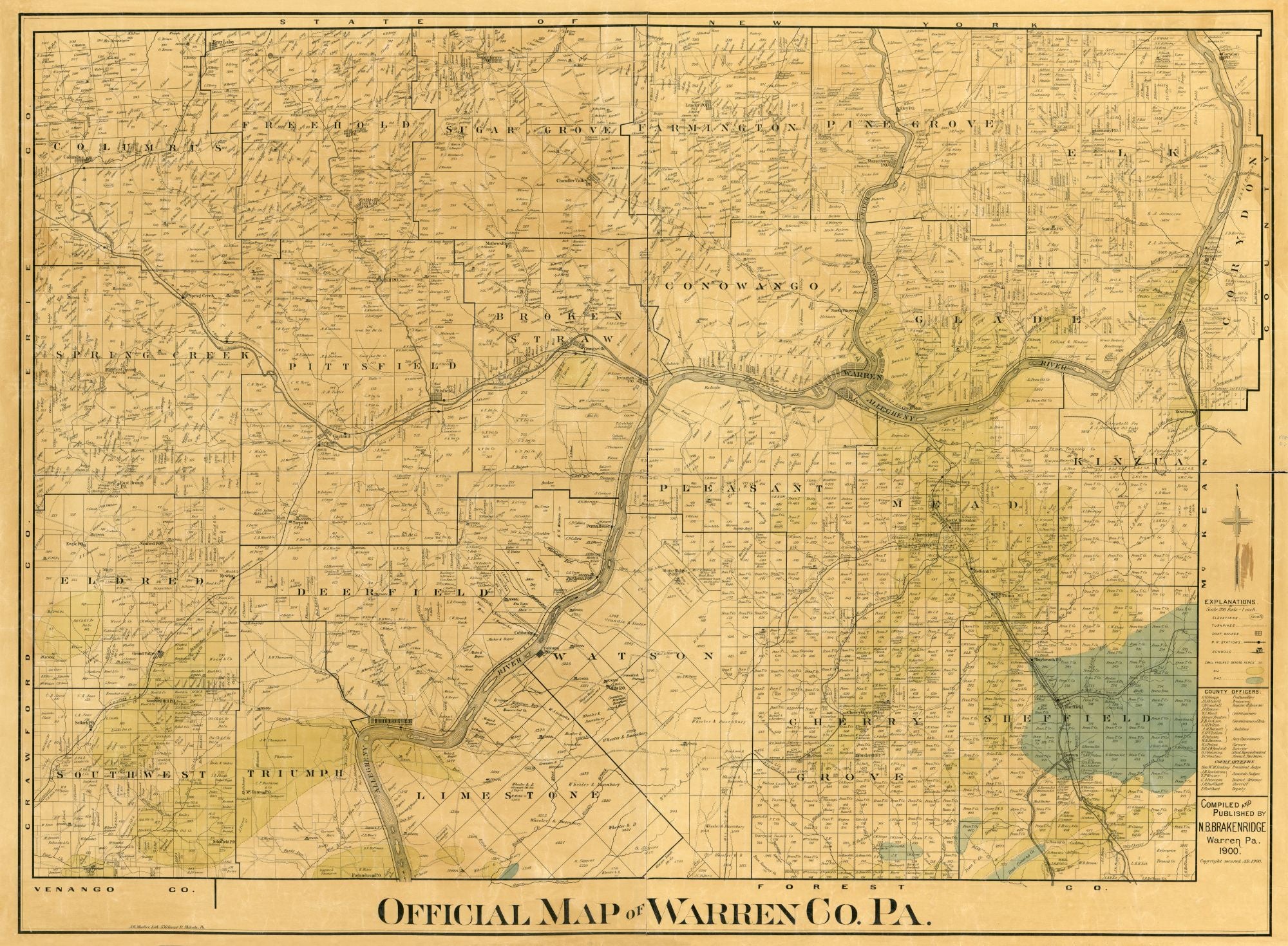 Historic County Map - Warren County Pennsylvania - Brakenridge 1900 