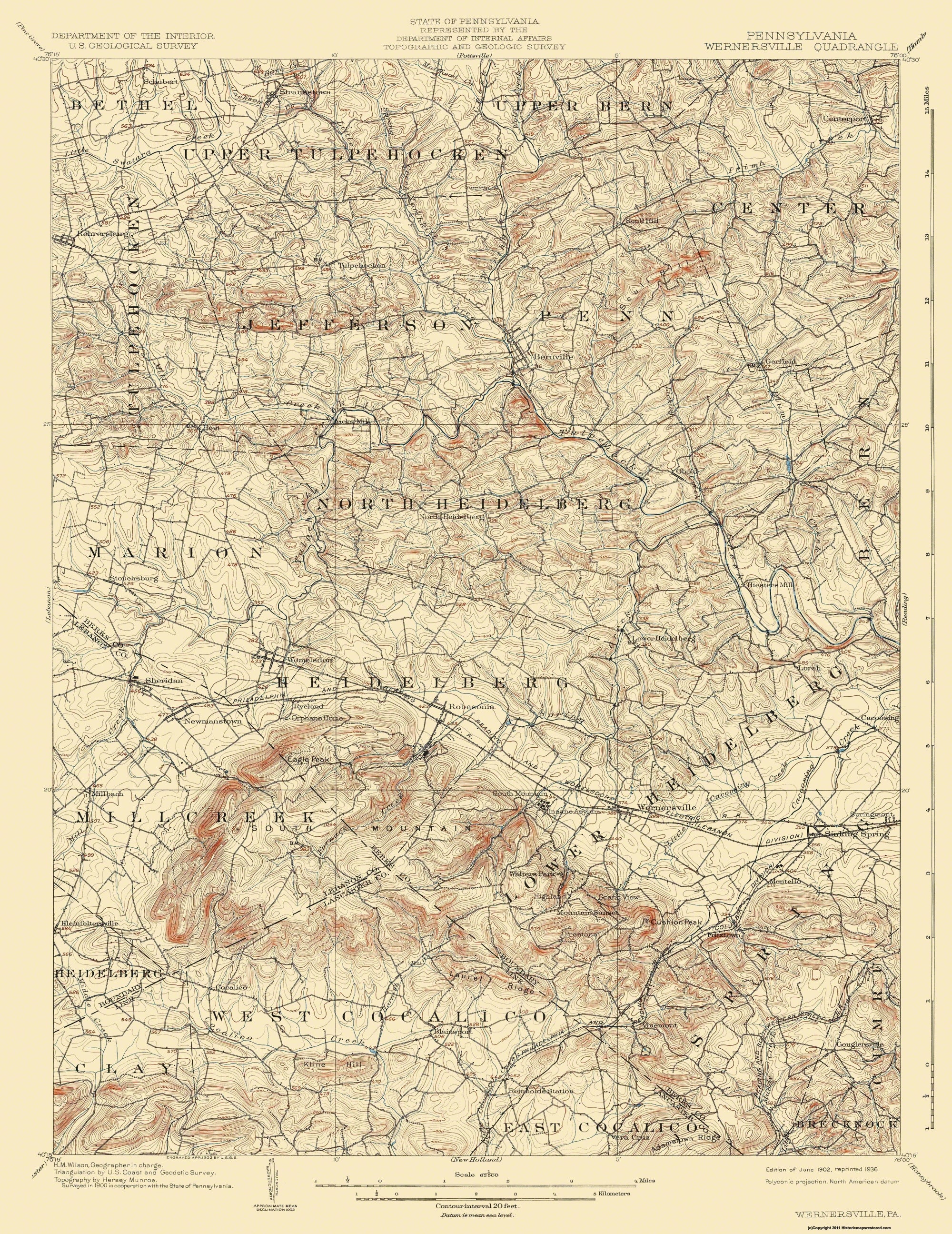 Topographical Map - Wernersville Pennsylvania Quad - USGS 1902 - 23 x ...