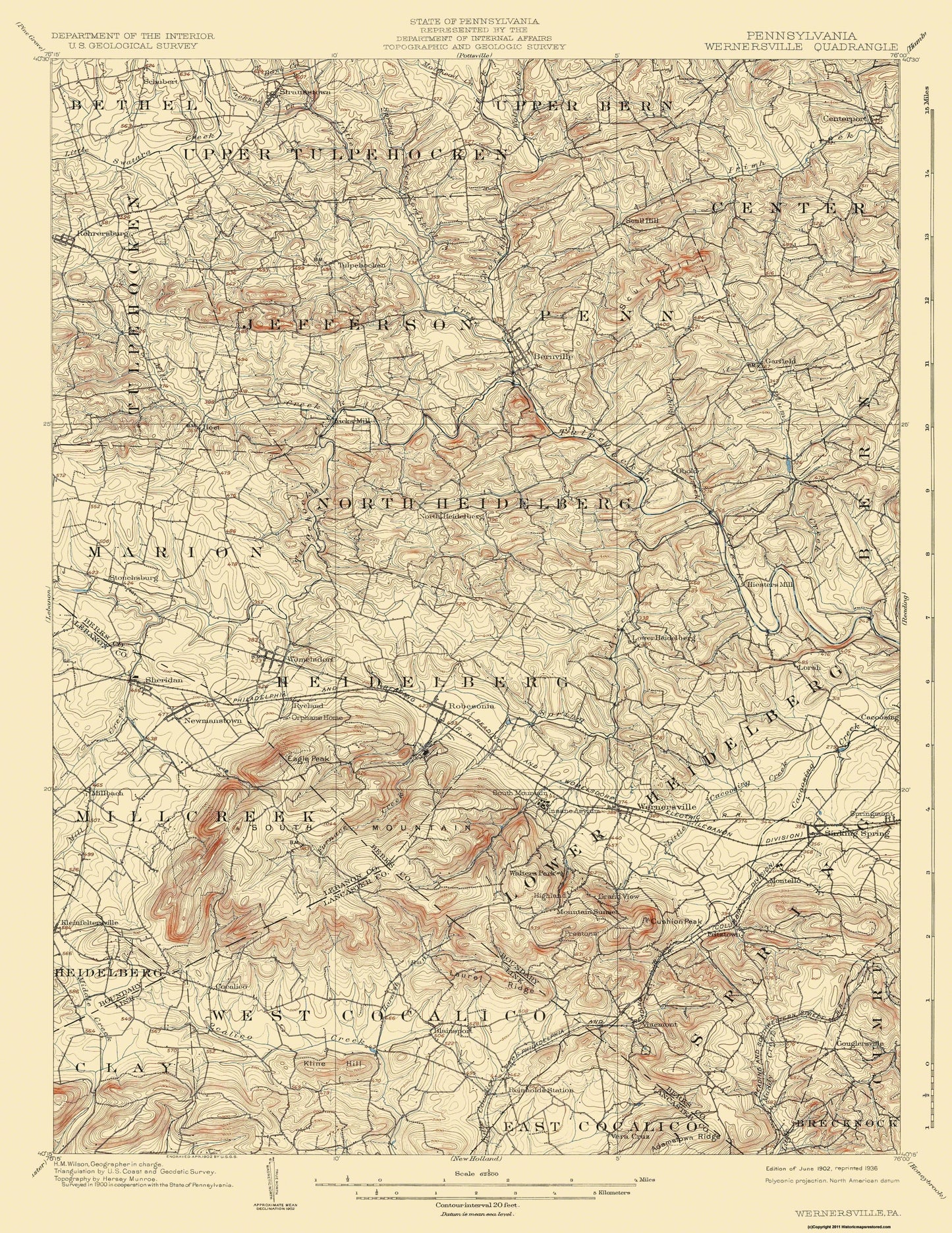 Topographical Map - Wernersville Pennsylvania Quad - USGS 1902 - 23 x 29.79 - Vintage Wall Art