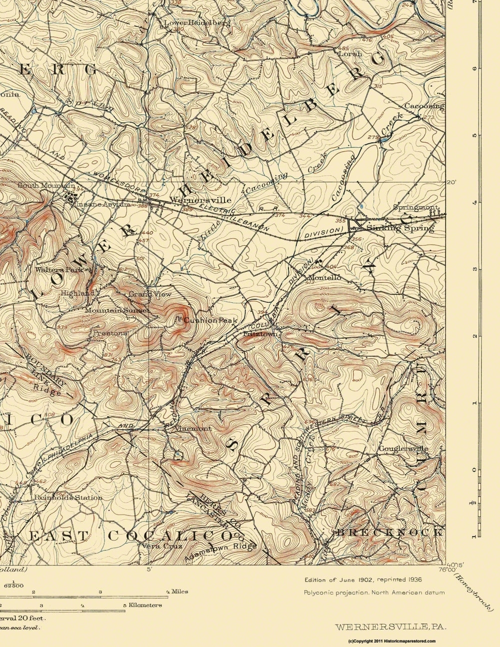 Topographical Map - Wernersville Pennsylvania Quad - USGS 1902 - 23 x 29.79 - Vintage Wall Art