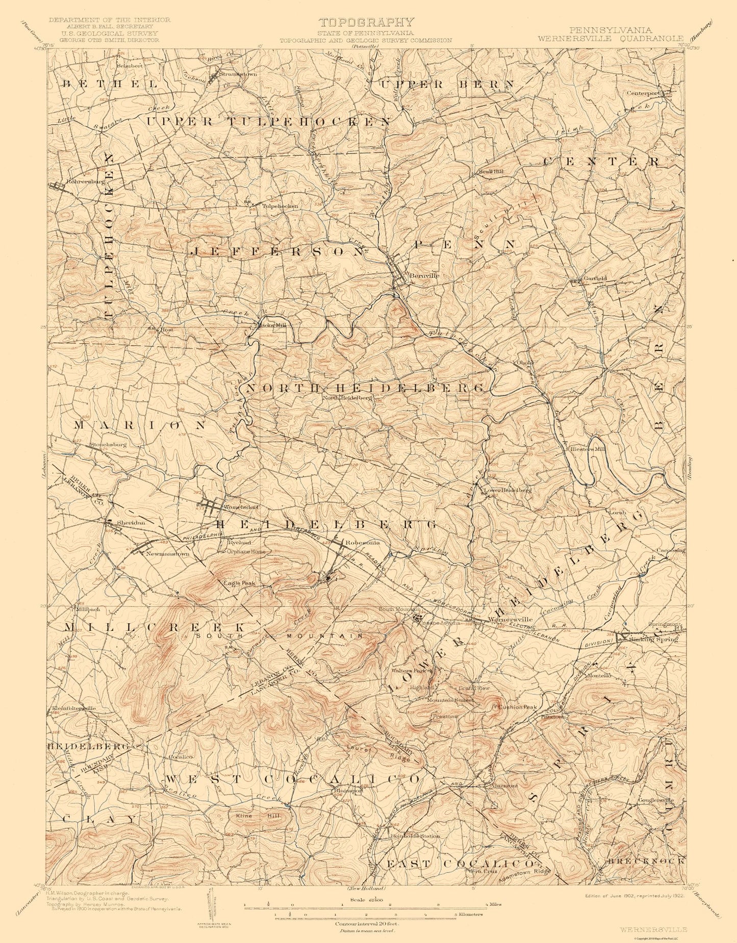 Topographical Map - Wernersville Pennsylvania Quad - USGS 1902 - 23 x 29.44 - Vintage Wall Art