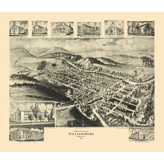Historic Panoramic View - Williamsburg Pennsylvania - Fowler 1906 - Vintage Wall Art