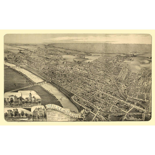 Historic Panoramic View - Wilkes Barre Pennsylvania - Moyer 1889 - Vintage Wall Art