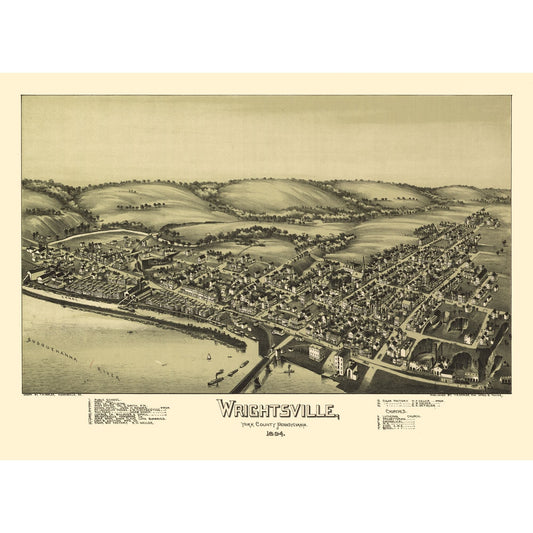 Historic Panoramic View - Wrightsville Pennsylvania - Fowler 1894 - Vintage Wall Art
