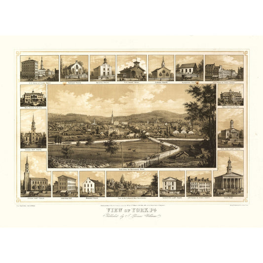 Historic Panoramic View - York Pennsylvania - Williams 1852 - Vintage Wall Art