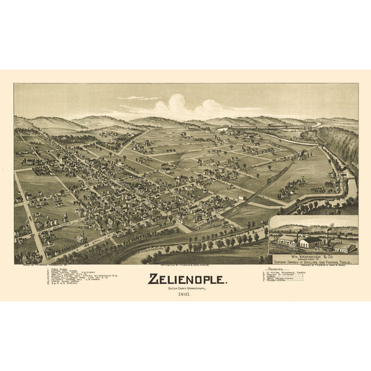 Historic Panoramic View - Zelienople Pennsylvania - Fowler 1901 - Vintage Wall Art